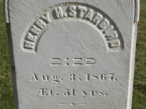 Photo: detail from the headstone of Henry Starbird. Credit: Find-A-Grave.