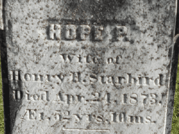 Photo: detail from the headstone of Hope Starbird. Credit: Find-A-Grave.