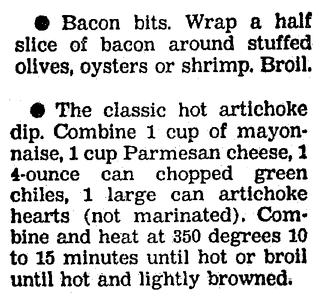 A recipe for Bacon Bits and Artichoke Dip appetizers, Boston Herald newspaper article 25 November 1991