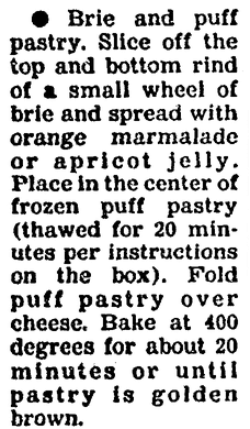 A recipe for Brie and Puff Pastry appetizer, Boston Herald newspaper article 25 November 1991
