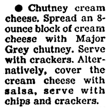 A recipe for Chutney Cream Cheese appetizer, Boston Herald newspaper article 25 November 1991