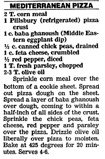A recipe for Mediterranean Pizza appetizer, Boston Herald newspaper article 25 November 1991
