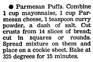 A recipe for Parmesan Puffs appetizer, Boston Herald newspaper article 25 November 1991