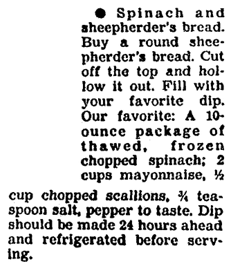 A recipe for Spinach and Sheepherder's Bread appetizer, Boston Herald newspaper article 25 November 1991