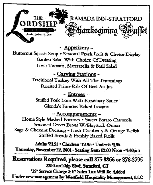 A Thanksgiving menu, Connecticut Post newspaper article 16 November 2001