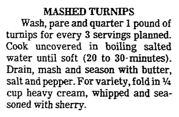 A recipe for Mashed Turnips, Evansville Courier and Press newspaper article 24 November 1985