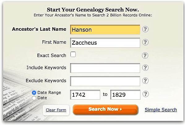 A screenshot of GenealogyBank's search page showing a search for Zaccheus Hanson