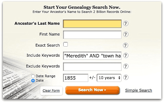 A screenshot of GenealogyBank's search page showing a search for Meredith and "town hall"