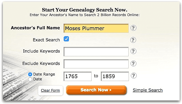 A screenshot of GenealogyBank's search page showing a search for Moses Plummer