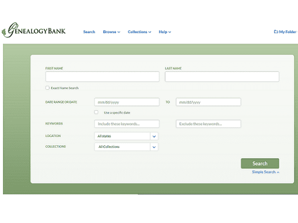 A screenshot of GenealogyBank's new look