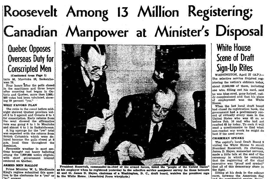 An article about draft registration for WWII, San Diego Union newspaper article 28 April 1942