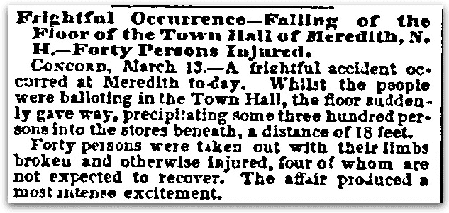An article about the "Great Catastrophe" in Meredith, New Hampshire, Sun newspaper article 14 March 1855