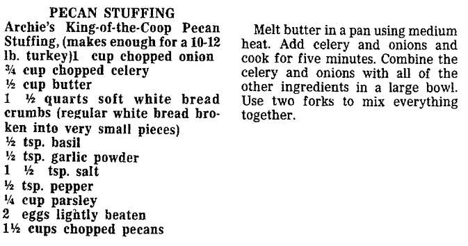A Pecan Stuffing recipe, Trenton Evening Times newspaper article 20 November 1988