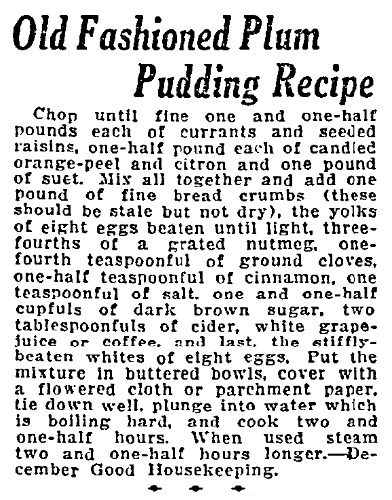 A receipe for plum pudding, Duluth News-Tribune newspaper article 28 November 1920