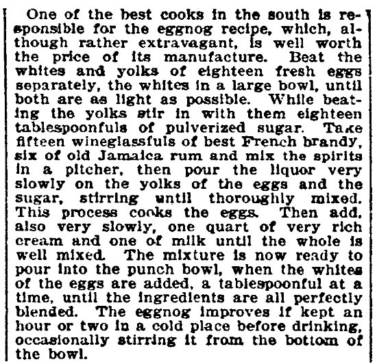 A recipe for eggnog, Evening Star newspaper article 31 December 1905