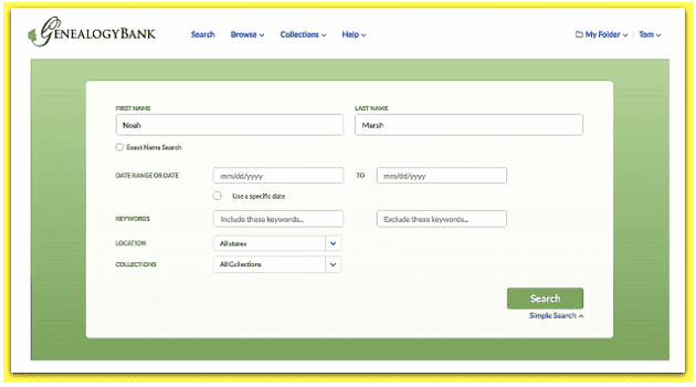 A screenshot of GenealogyBank's search page showing a search for Noah Marsh