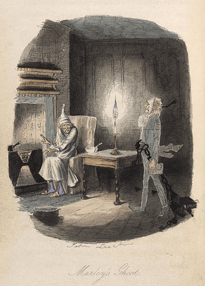 Illustration: Ebenezer Scrooge visited by Marley's ghost. Color illustration from “A Christmas Carol in Prose; Being a Ghost Story of Christmas,” by Charles Dickens, with illustrations by John Leech, 1843.