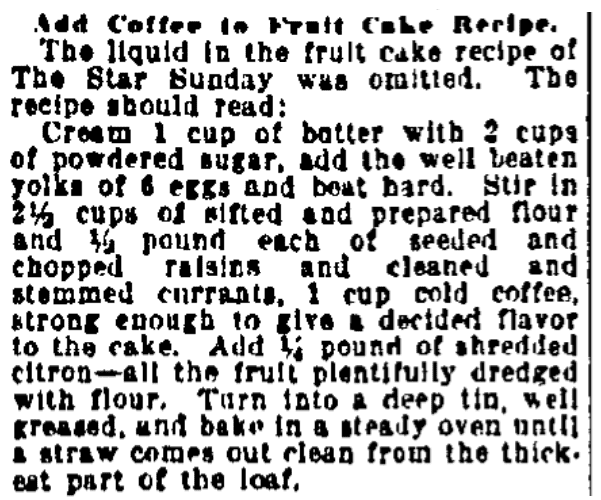 A recipe for fruitcake, Kansas City Star newspaper article 16 November 1920