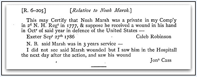 Photo: record showing Noah Marsh received a wound during the Revolutionary War