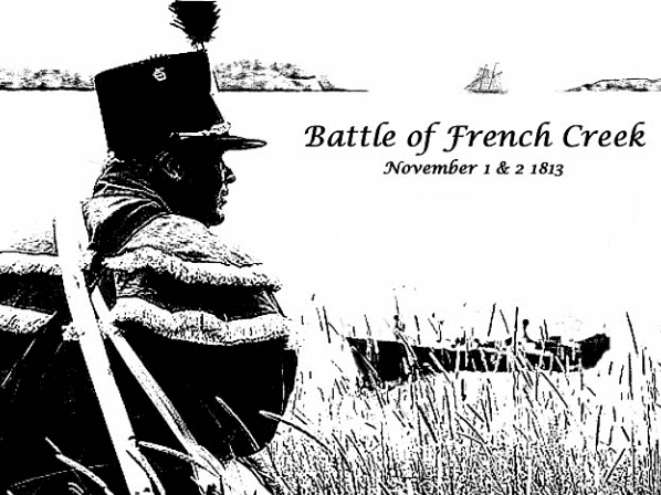 Detail from an illustration: “Drawing of a Forsyth rifleman at French Creek with Bartlett’s Point in background and British war ship.” Source: Thousand Island Life.