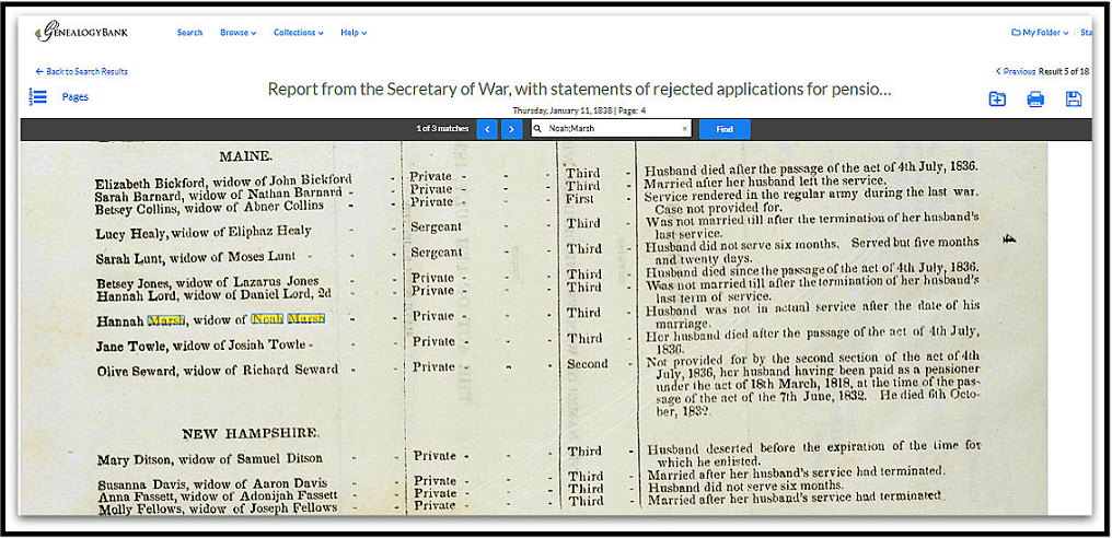 Photo: rejection notice for pension request from Hannah Marsh, widow of Noah Marsh, 11 January 1838