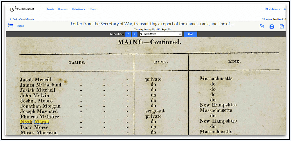 Photo: pension record for Noah Marsh, 28 March 1818