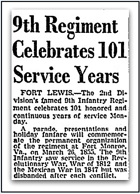 An article about the 9th Regiment, Tacoma Daily Ledger newspaper article 23 March 1956