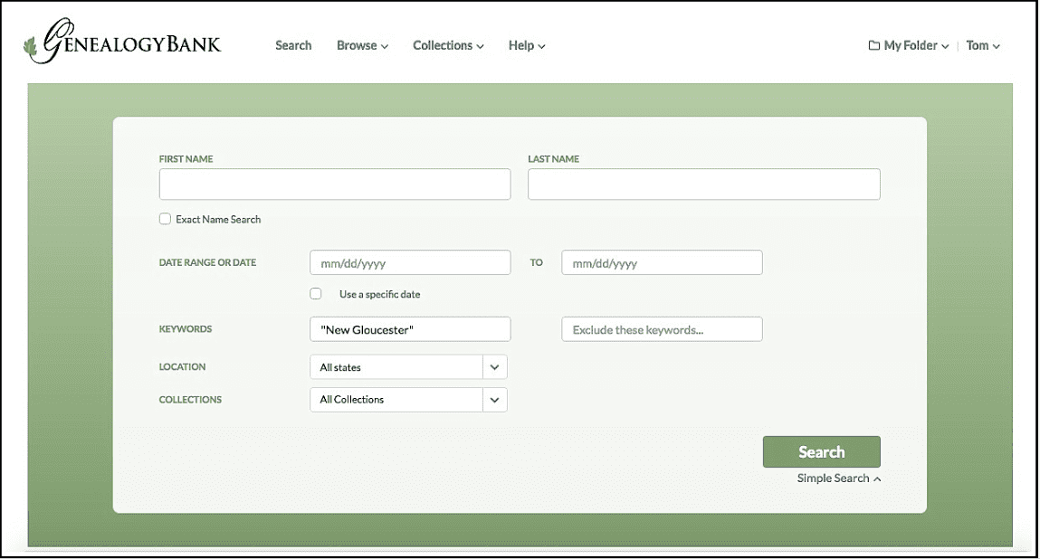 A screenshot of GenealogyBank's search page showing a search for New Gloucester