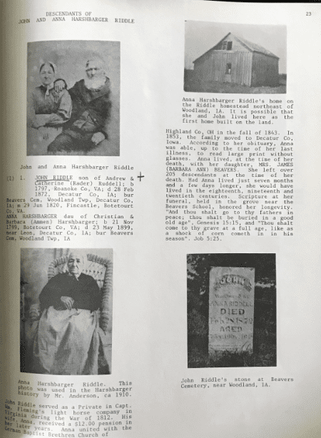 Photo: a page from “A Partial History of The Riddle-Beavers Families of Botetourt County Virginia, Highland County Ohio, Decatur and Page Counties Iowa…”