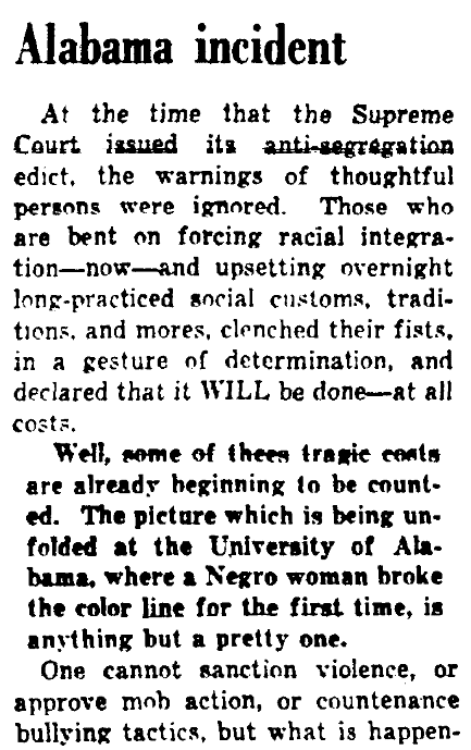 An article about Autherine Lucy, Augusta Chronicle newspaper article 7 February 1956