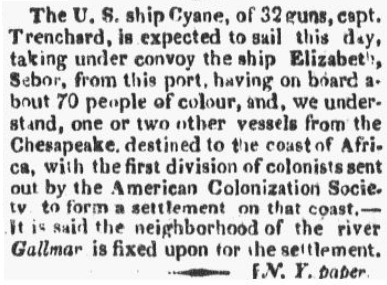 An article about the American Colonization Society, Boston Commercial Gazette newspaper article 7 February 1820