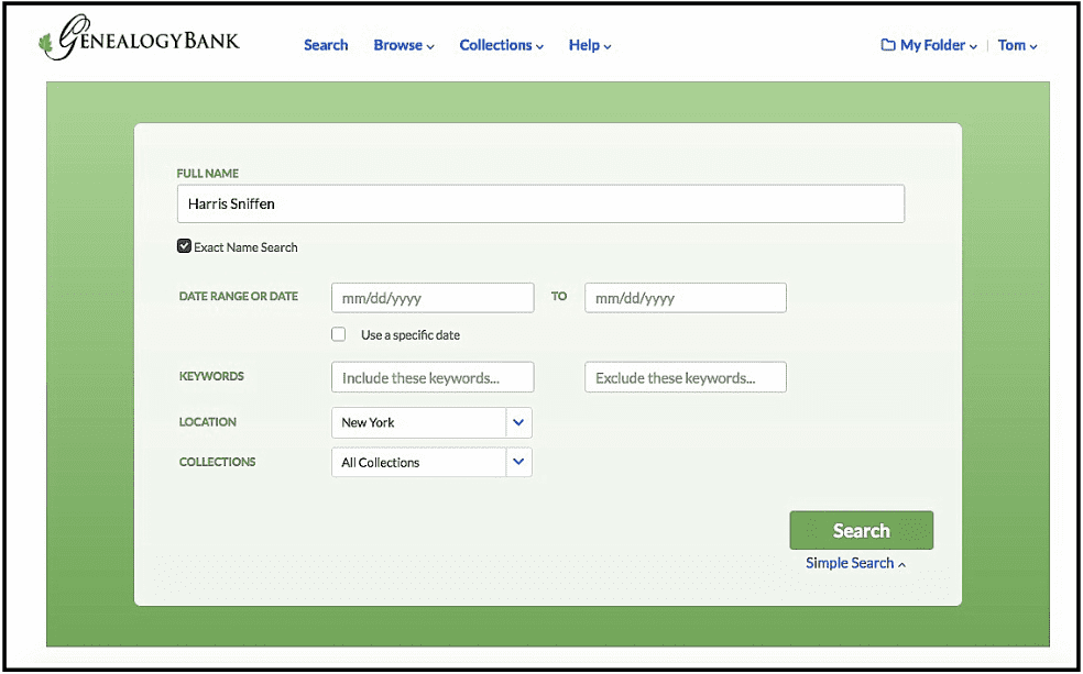 A screenshot of GenealogyBank's search page showing a search for Harris Sniffen