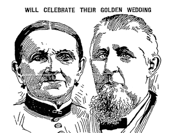 Illustration: a drawing of Mr. and Mrs. Moormann for an article about their 50th weddng anniversary
