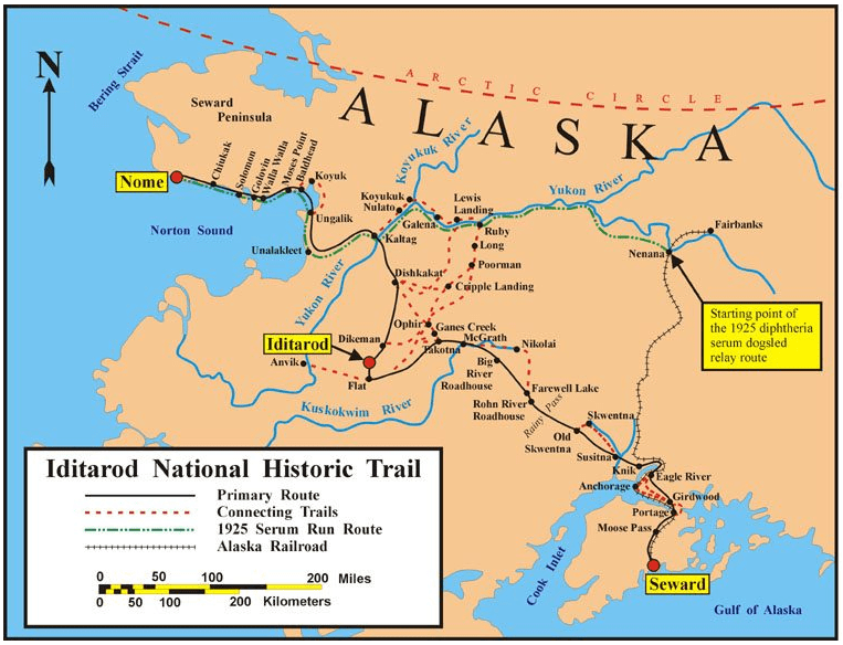 Map: the historical Iditarod Trail and the current Iditarod National Historic Trail in Alaska, also showing the route of the 1925 diphtheria serum dogsled relay