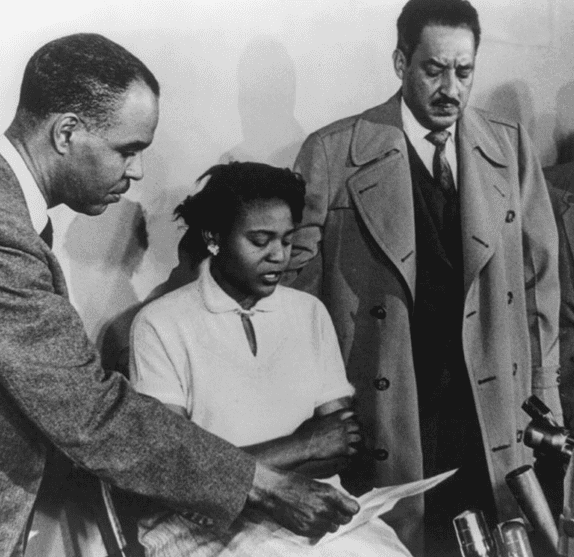 Photo: Autherine Lucy in a press conference with Roy Wilkins, Executive Director of the National Association for the Advancement of Colored People (NAACP), and Thurgood Marshall, Director and Special Counsel for the NAACP Legal Defense and Education Fund, 2 March 1956