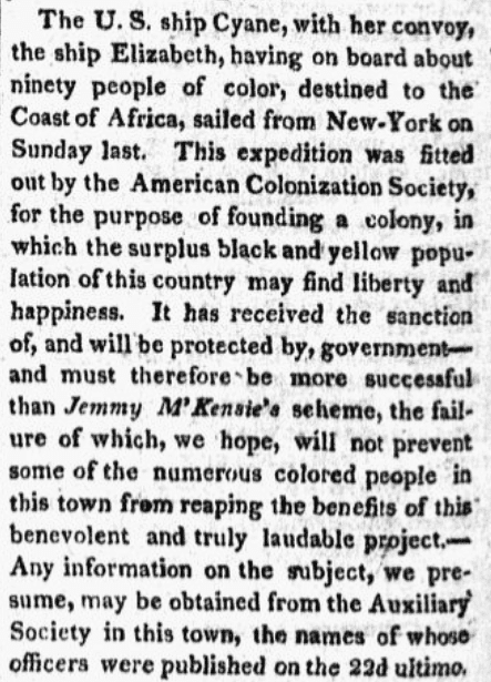 An article about the American Colonization Society, Providence Patriot newspaper article 12 February 1820