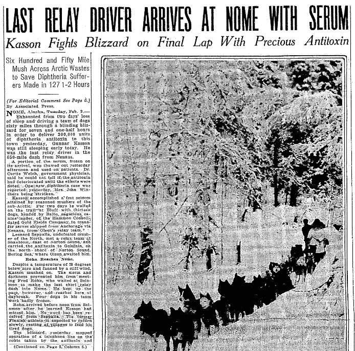 An article about the 1925 diphtheria serum dogsled relay in Alaska, Seattle Daily Times newspaper article 3 February 1925