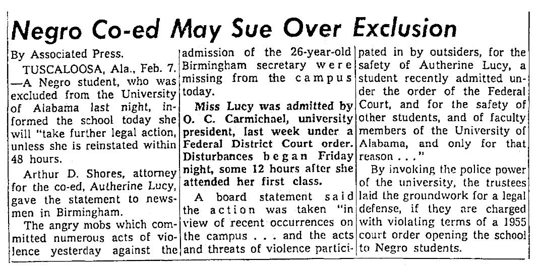 An article about Autherine Lucy, Seattle Daily Times newspaper article 7 February 1956