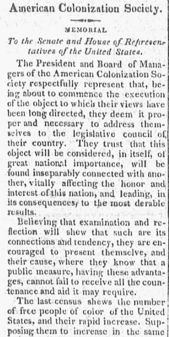 An article about the American Colonization Society, Weekly Messenger newspaper article 21 March 1820