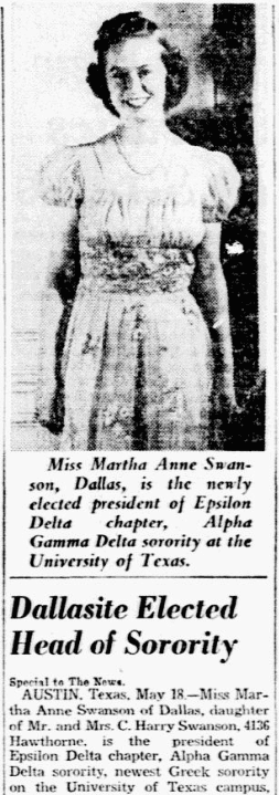An article about Martha Swanson, Dallas Morning News newspaper article 19 May 1940