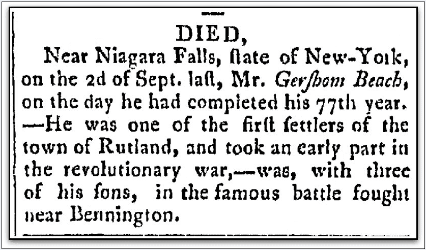 An obituary for Gershom Beach, Middlebury Mercury newspaper article 5 February 1806