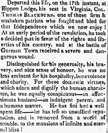 An obituary for Thomas Blackburn, People’s Friend newspaper article 27 July 1807