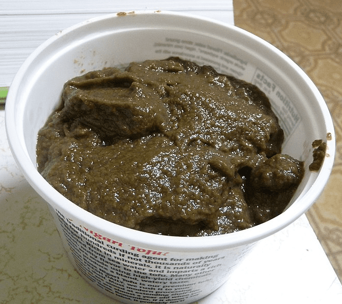 Photo: homemade mushroom ketchup in a plastic tub