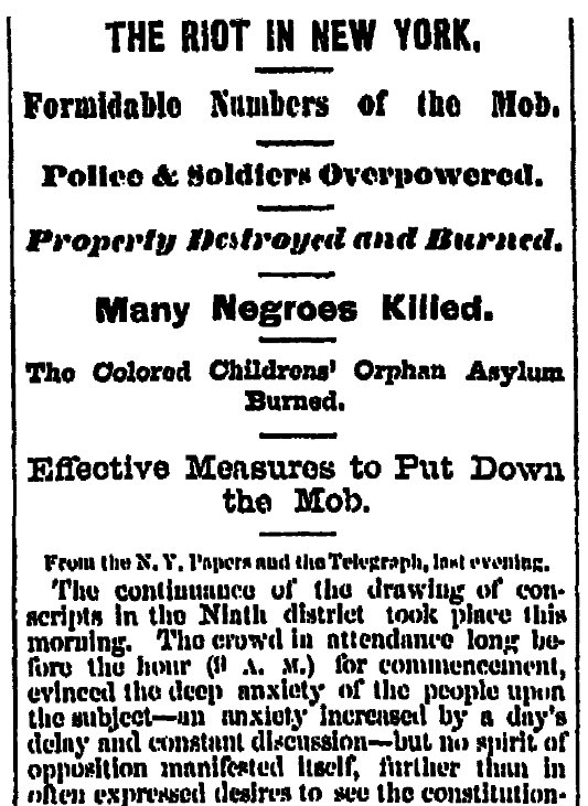 An article about the Civil War draft riots in New York city, Albany Evening Journal newspaper article 14 July 1863