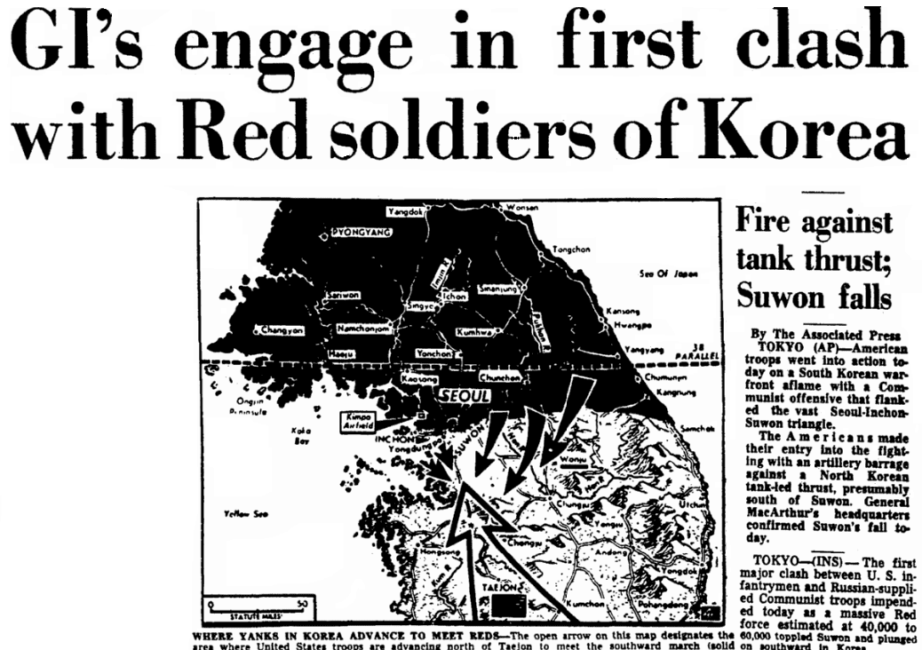 An article about the Battle of Osan during the Korean War, Augusta Chronicle newspaper article 5 July 1950