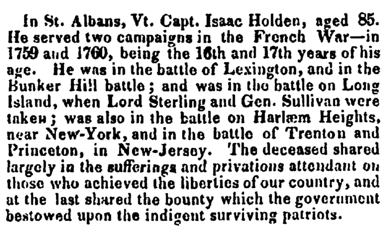 An obituary for Isaac Holden, Boston Traveler newspaper article 27 July 1827