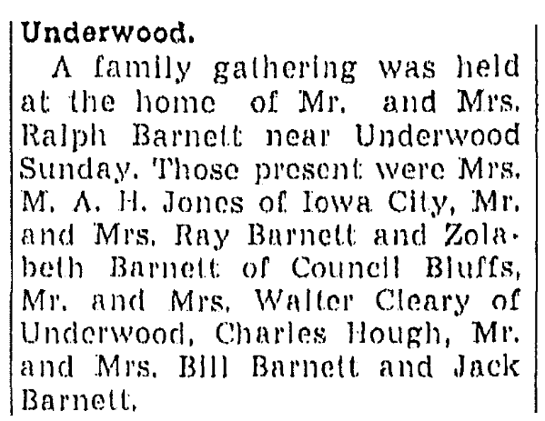 An article about a reunion of the Barnett family, Daily Nonpareil newspaper article 23 July 1946
