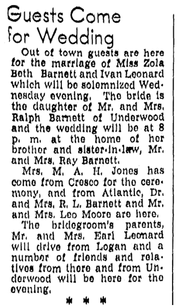 An article about the wedding of Zola Beth Barnett and Ivan Leonard, Daily Nonpareil newspaper article 8 December 1948
