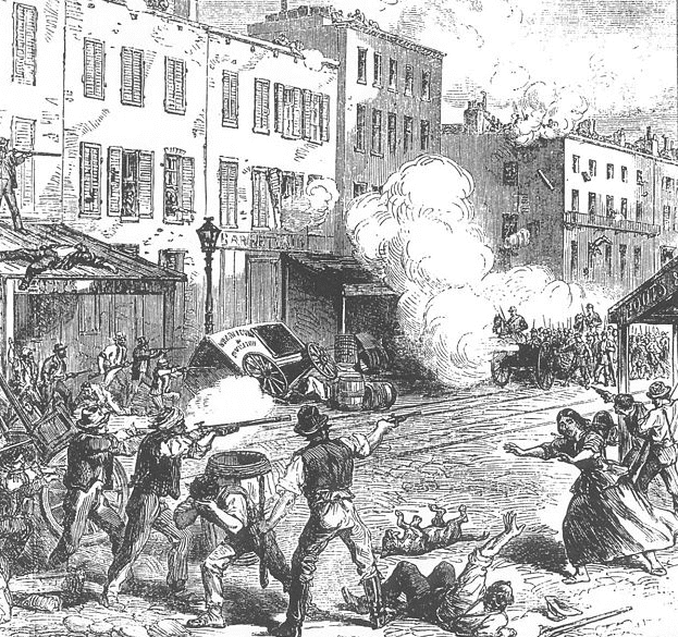 Illustration: a drawing from a British newspaper showing armed rioters clashing with Union Army soldiers in New York City during the 1863 Draft Riots