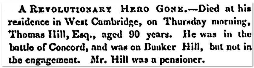 An obituary for Thomas Hill, Massachusetts Spy newspaper article 15 July 1851